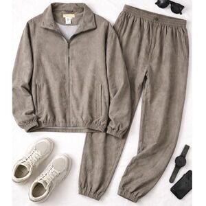 2pc Vintage Norm Thompson Suede Track Suit Jacket Pants Grandpa Cigar Room XL